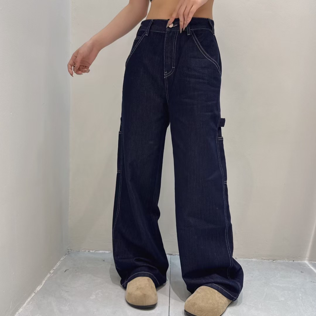 蓝色弯刀直筒高腰宽松休闲侧口袋设计感黑色阔腿牛仔裤女夏季