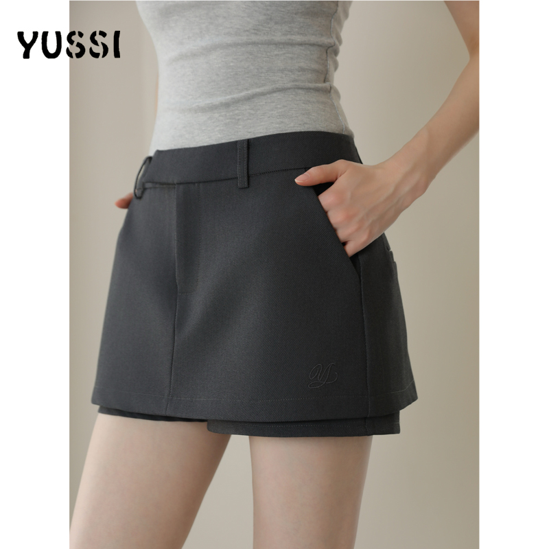 YUSSI气质西装假两件半身裙女夏季百搭修身绣花裤裙高腰a字西装裙