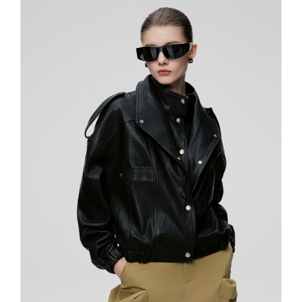 廓形肩章真皮夹克 利落挺阔机车皮衣 时髦设计感cora&wynn