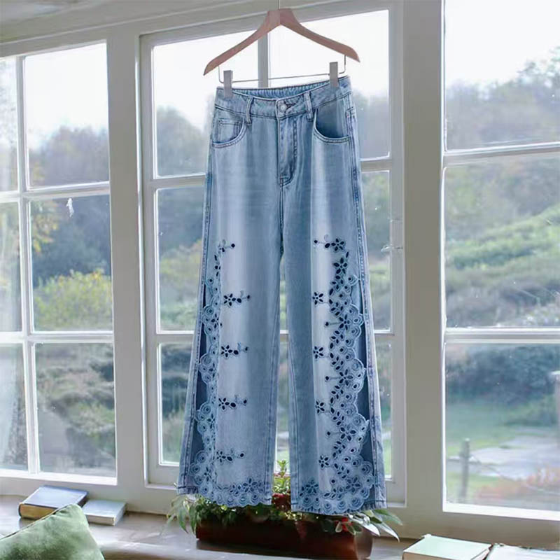 （女装）9833 蓝色高腰重工绣花镂空直筒九分牛仔裤