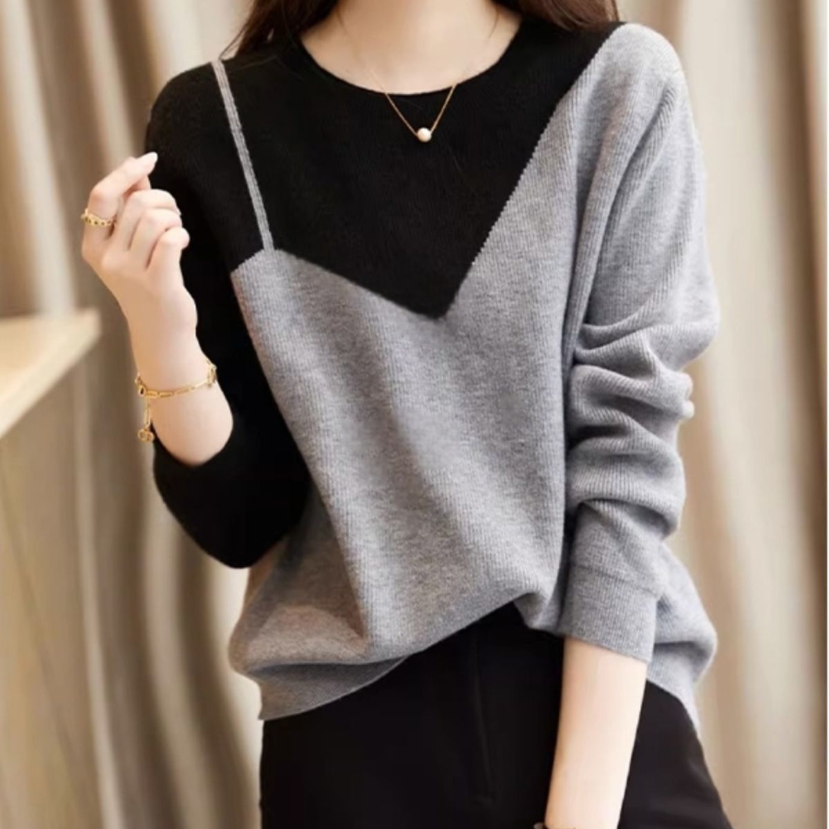 品牌折扣~专柜欧货韩版撞色长袖针织打底衫女款秋冬气质上衣毛衣