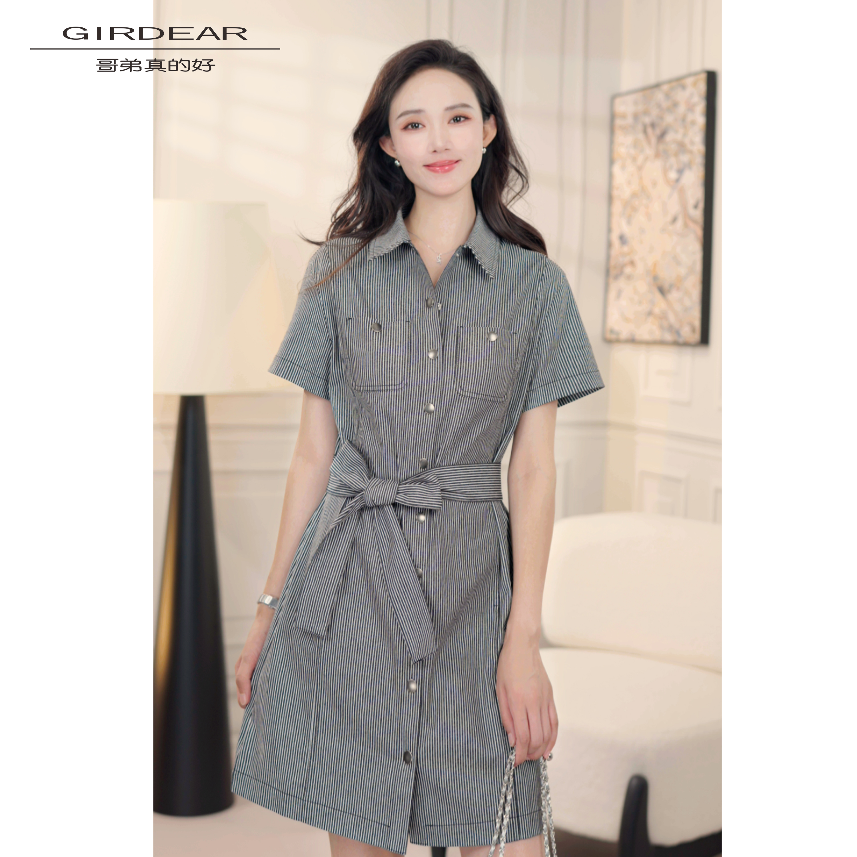 GIRDEAR/哥弟真的好夏季新款时尚休闲百搭条纹显瘦连衣裙850002