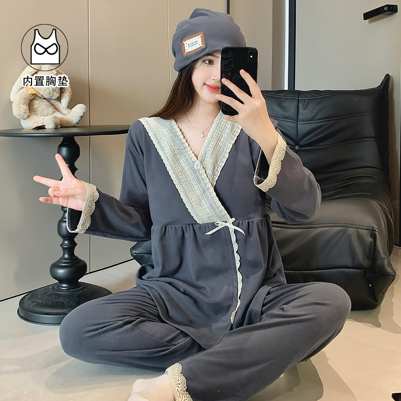 【带帽子纯棉】月子服保暖春秋冬加热产前产后哺乳A类孕妇哺乳睡衣