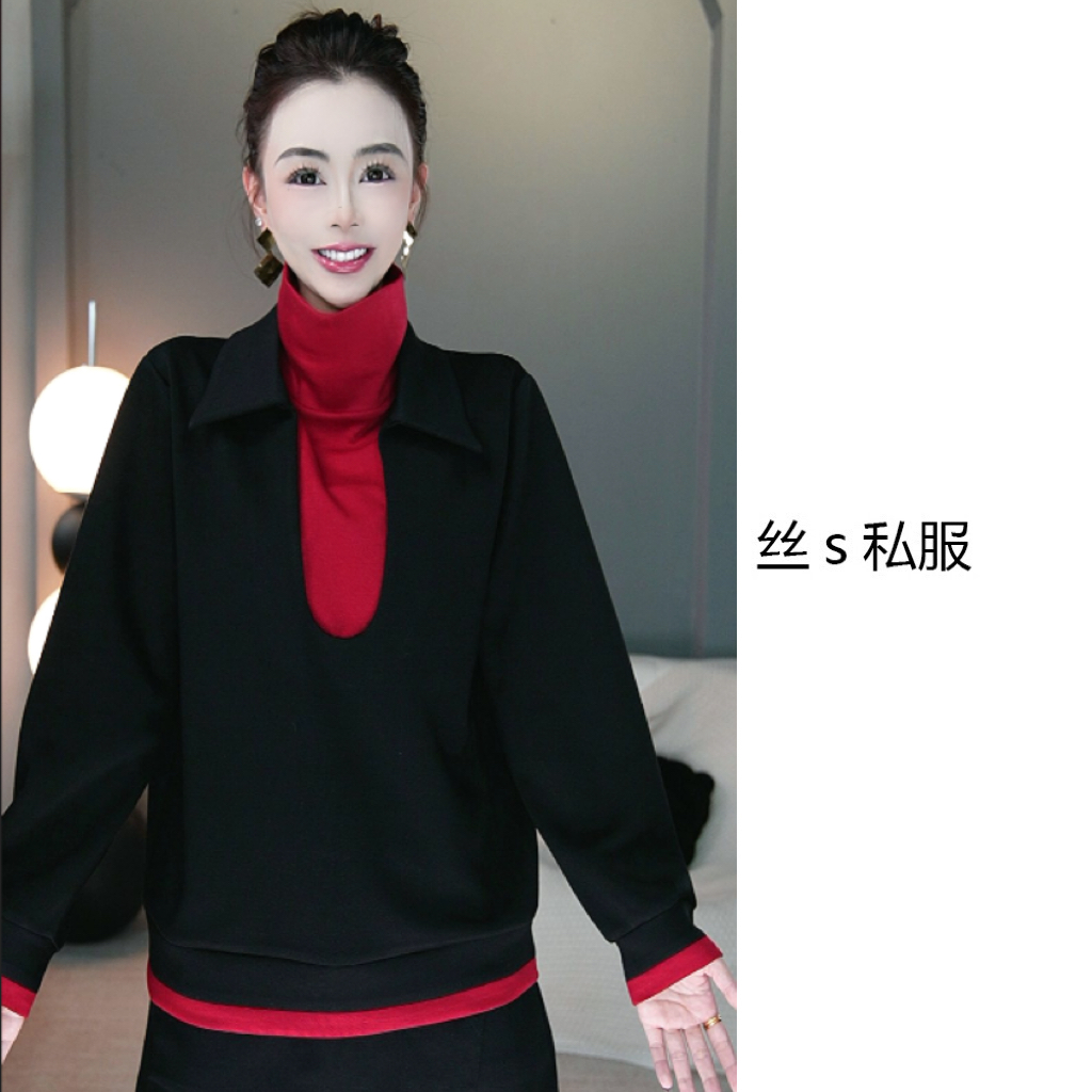 丝s私服【一眼万年】秋季假两件撞色拼接遮肉气质休闲高领卫衣F6308