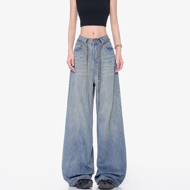 KEN STUDIO夏季新款蓝色满天星烫钻牛仔裤女高腰猫须宽松阔腿长裤