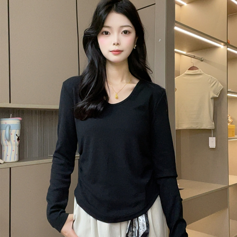 复古U领内搭上衣女季秋冬装穿搭美拉德修身T恤正肩长袖打底衫
