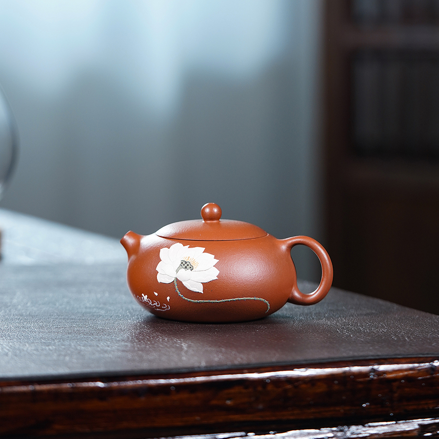 遇壶堂泥绘荷花朱泥扁西施150cc正宗宜兴纯全手原矿紫砂壶0938