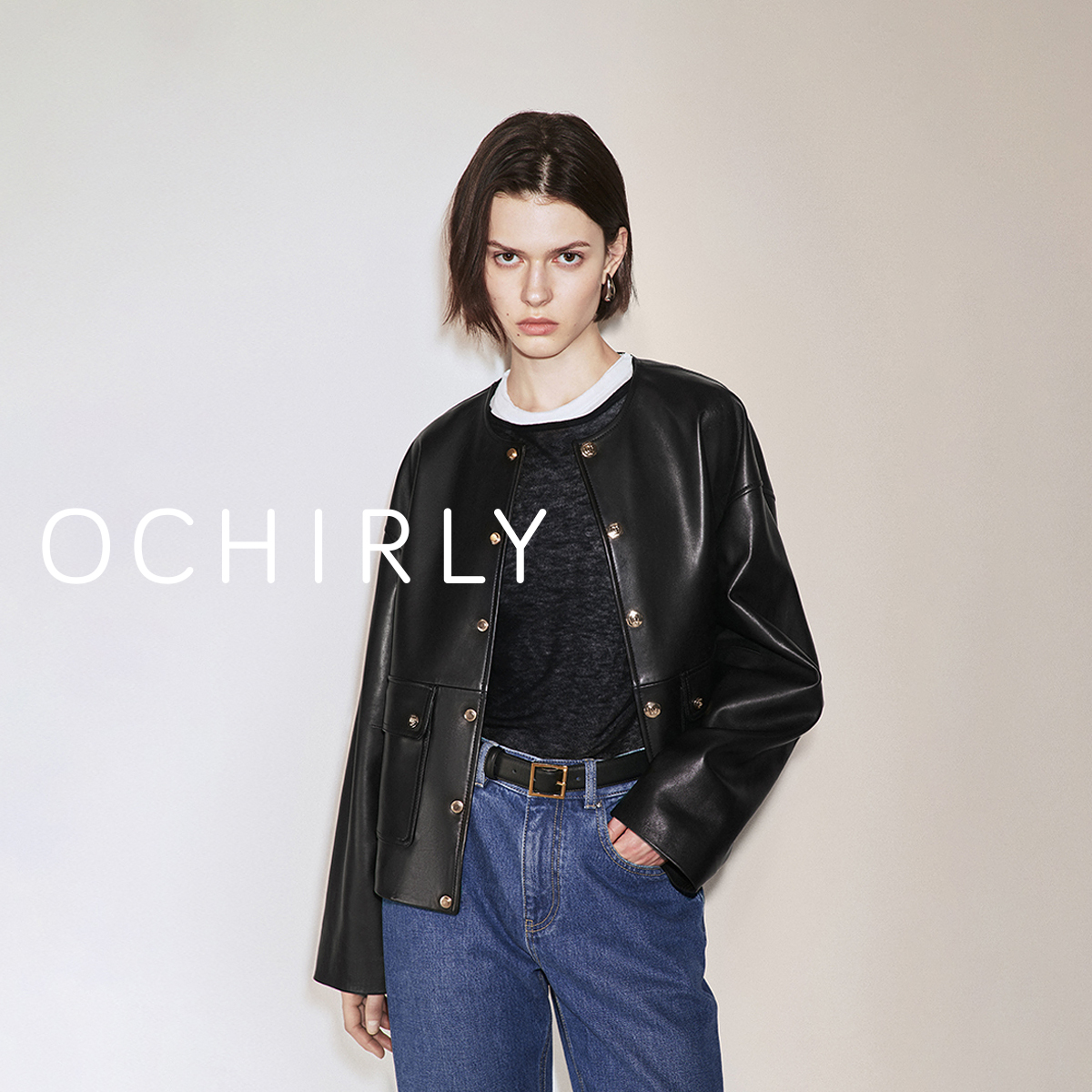 *ochirly欧时力 羊皮革夹克外套女金属扣复古高级感秋季新品