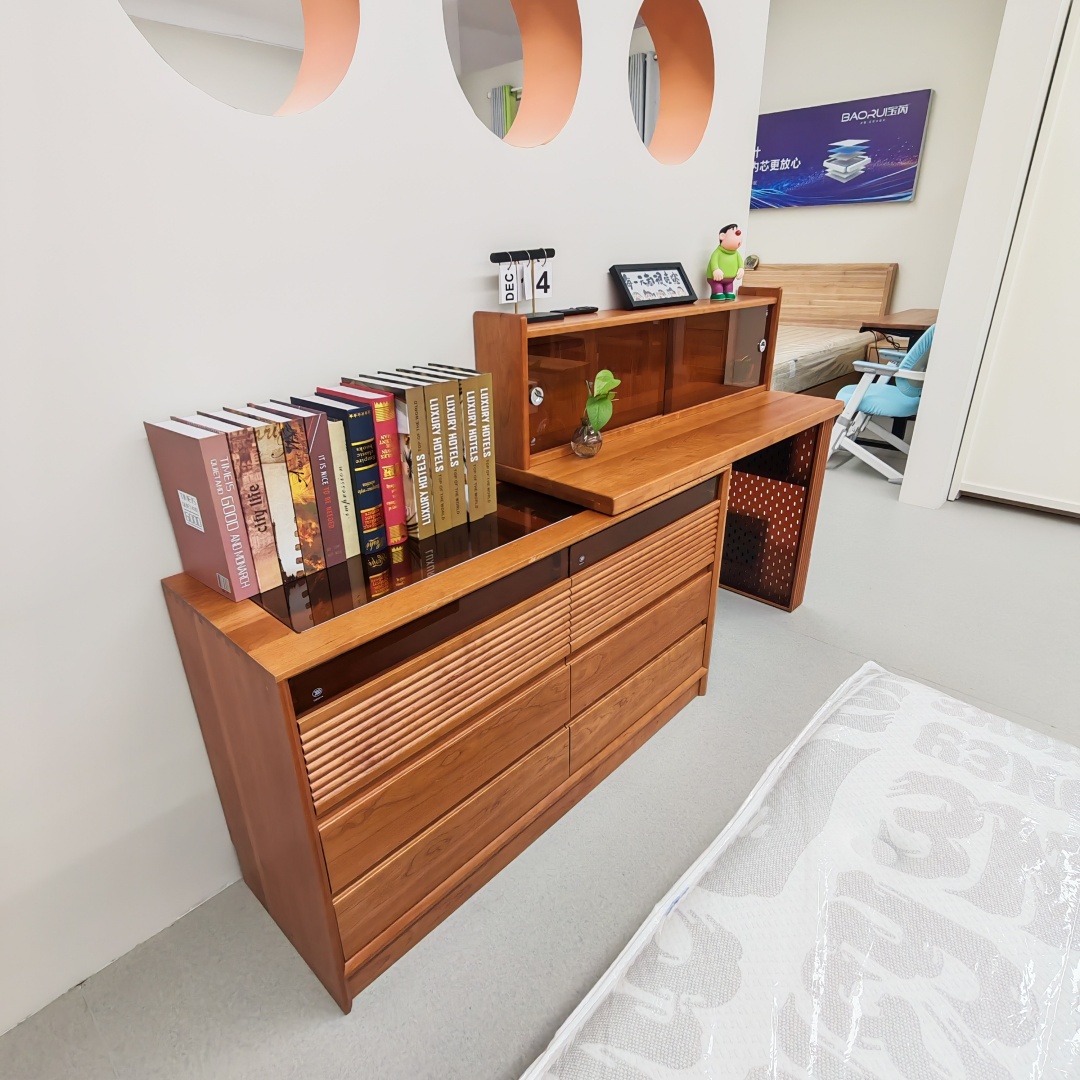 宝芮老三严选樱桃木原木纹理北欧日式移动款梳妆台储物长条书桌