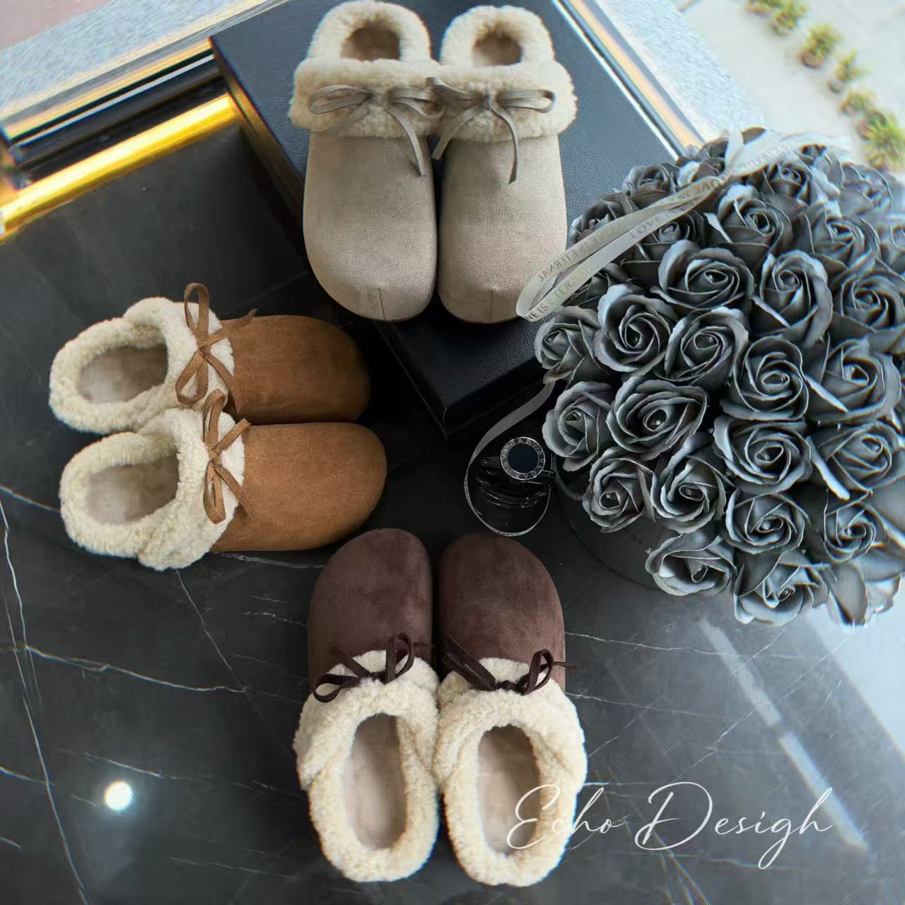 秀气版毛绒绒两穿蝴蝶结勃肯厚底增高加毛厚保暖包头勃肯拖鞋女冬