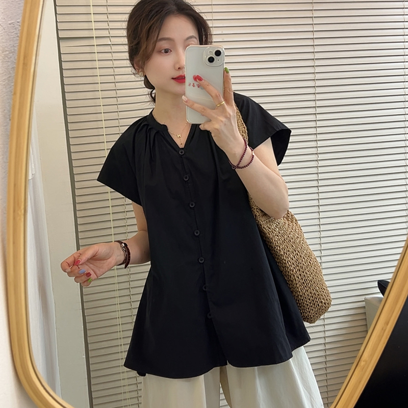 夏季新款日系复古V领衬衫女短袖宽松百搭衬衣小个子罩衫显瘦上衣