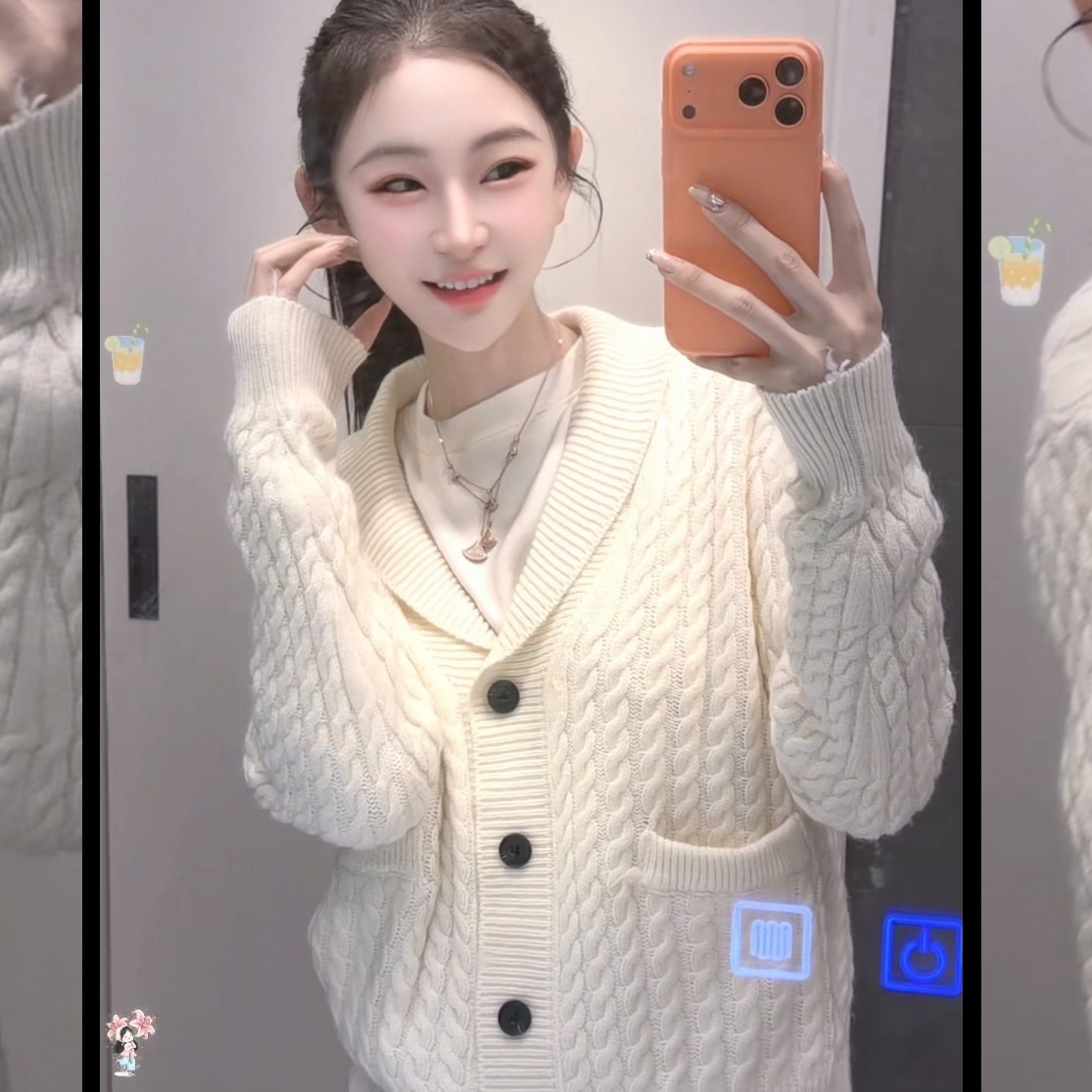 《拉纹》2026蓉蓉家冬季新款翻领麻花口袋羊毛针织开衫毛衣显瘦外套