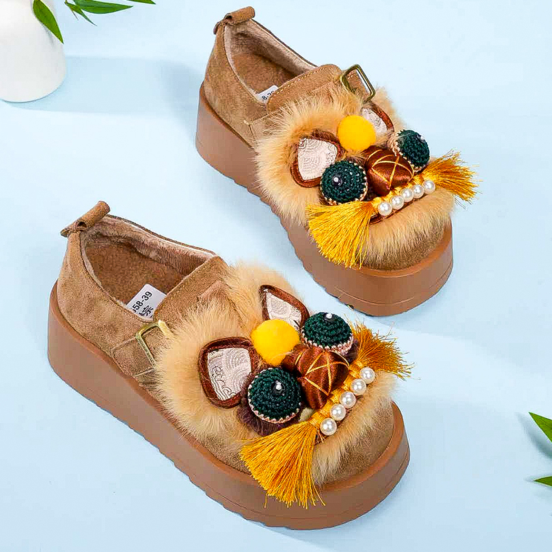 临时2025新款虎头{单鞋}勃肯厚底真兔毛单鞋厚底鞋手工鞋无编码