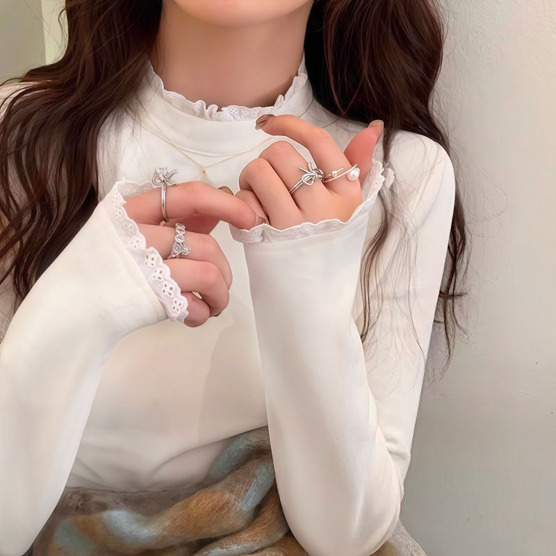 内衬打底上衣秋冬新款保暖半高领蕾丝内搭长袖T恤白色打底衫