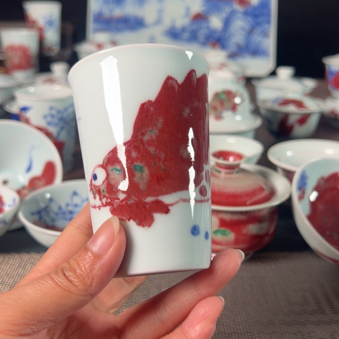 杯原矿青花釉里红瓷器