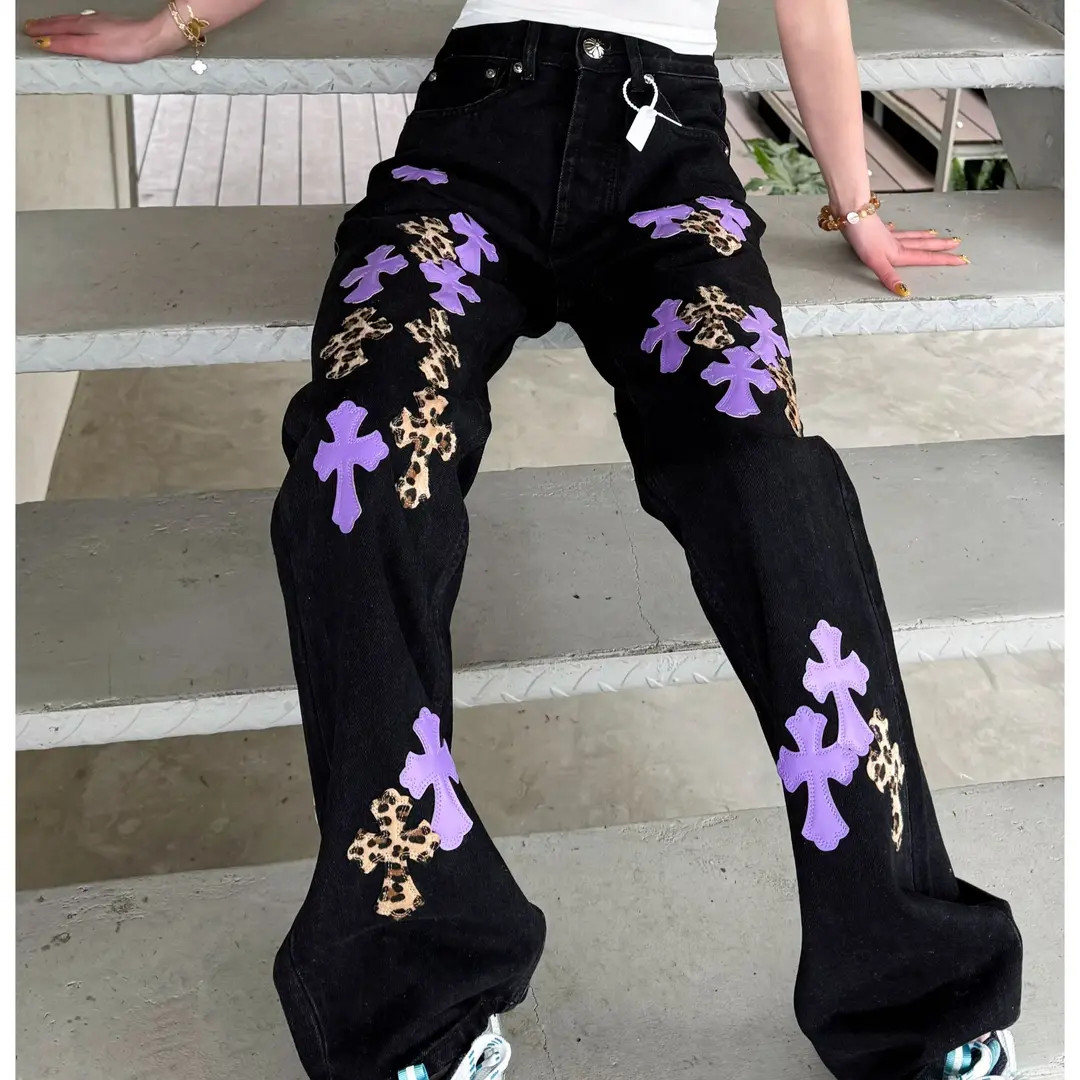 【CH暗黑】时尚潮流百搭牛仔裤个性印花十字架水洗情侣网红男女同款