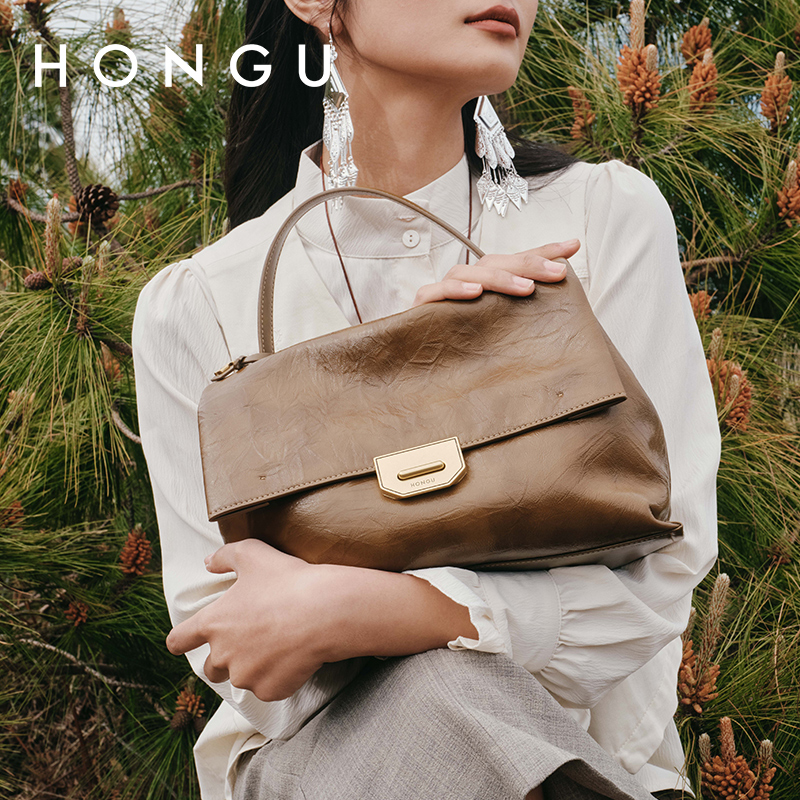 HONGU/红谷明星同款专柜包包双色抓花单肩手提包大容量女包托特包