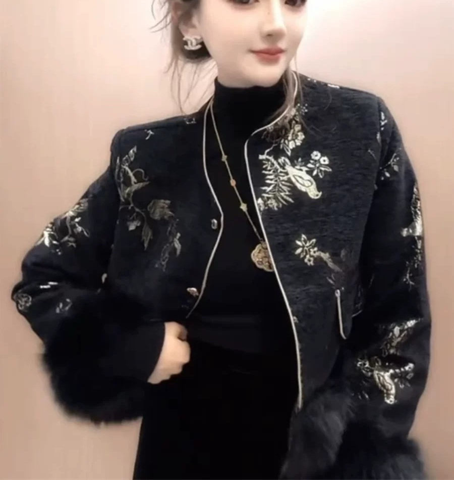 新中式国风冬季新款撞色刺绣毛毛棉衣外套国风棉服气质百搭时尚