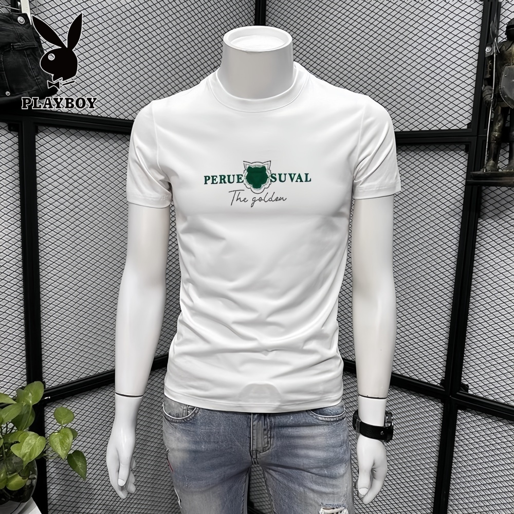 PLAYBOY/花花公子夏季美式圆领印花时尚韩版修身青年男士短袖t恤