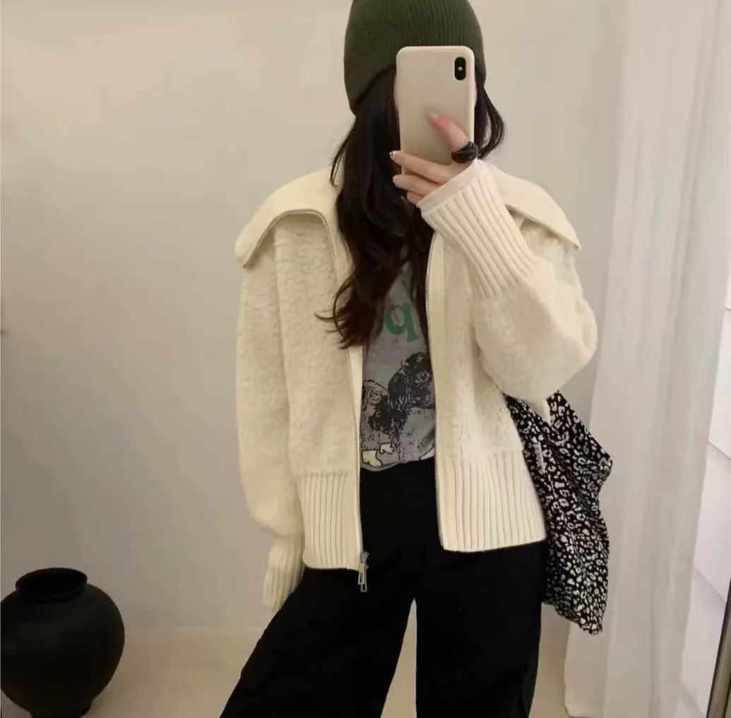 K2004 极地之雪~ 圈圈纱大翻领双拉链外套毛衣女