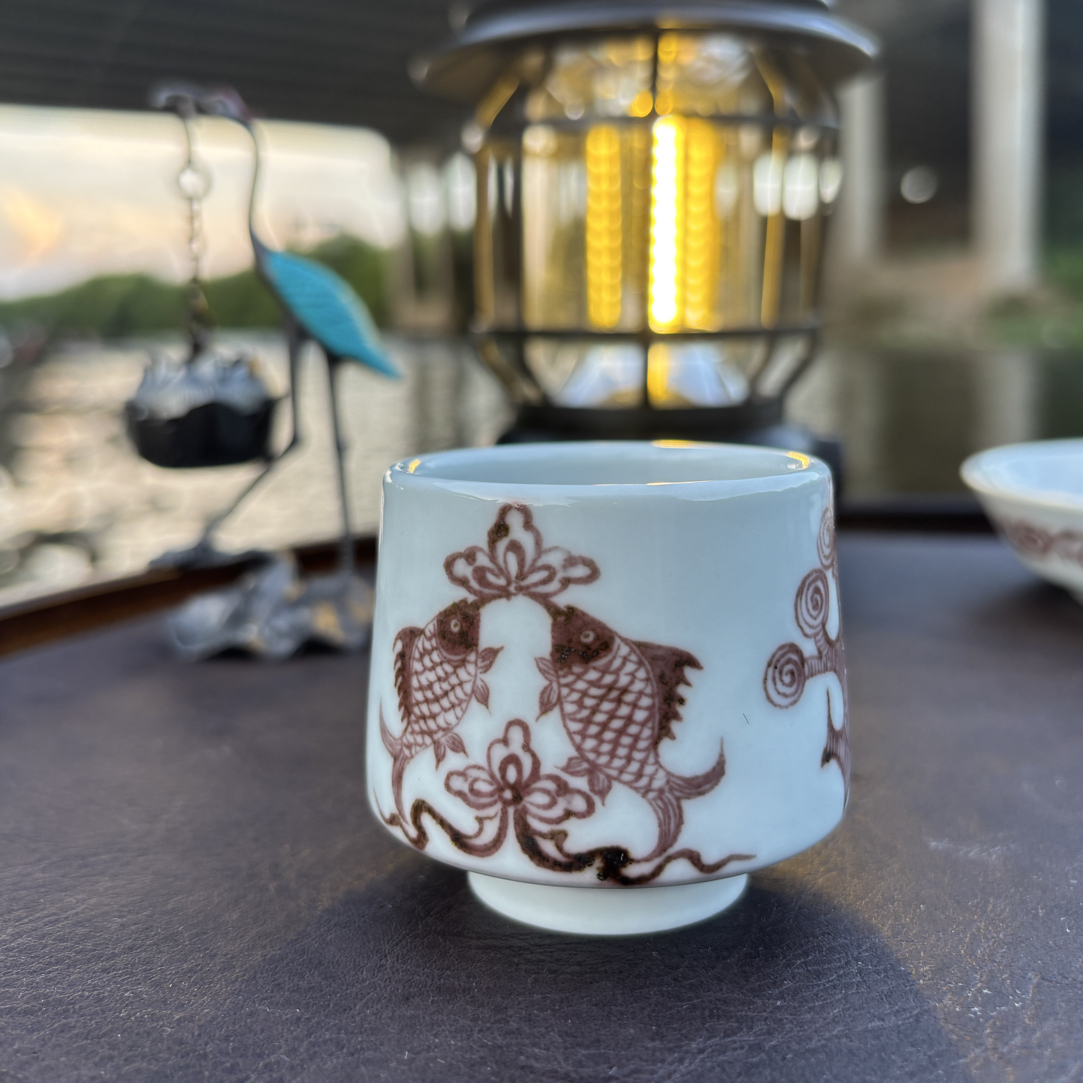 幽蓝溪堂景德镇陶瓷手工手绘仿元釉里红杂宝马蹄杯茶杯品茗杯茶具