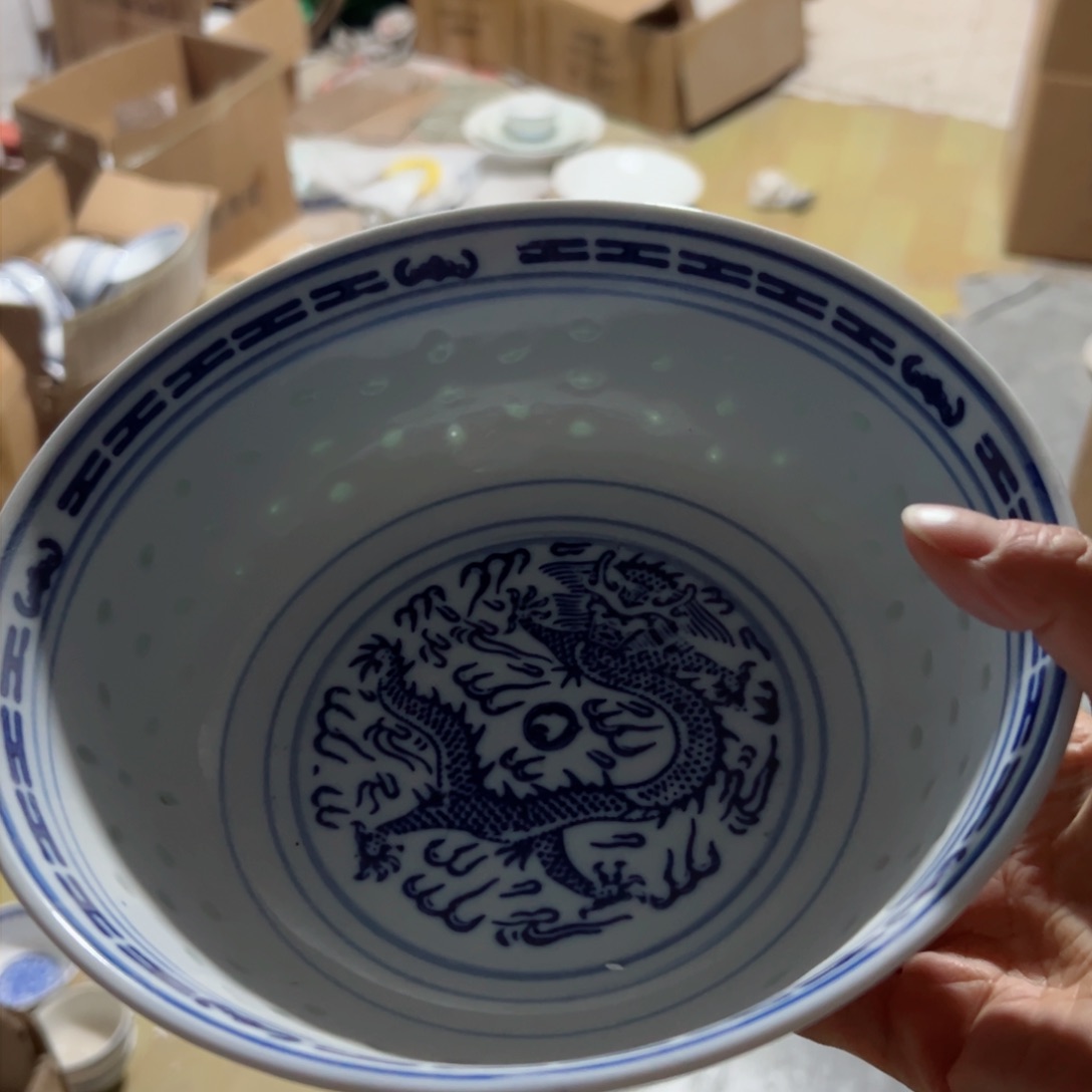 碗青花玲珑8寸汤碗