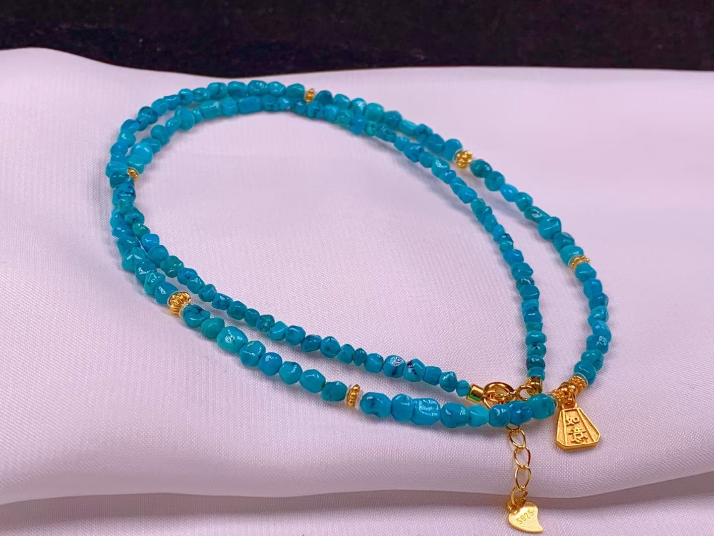 纯天然玉化高瓷蓝绿松石随形项链，直径3.4+，百搭时尚，大小匀称