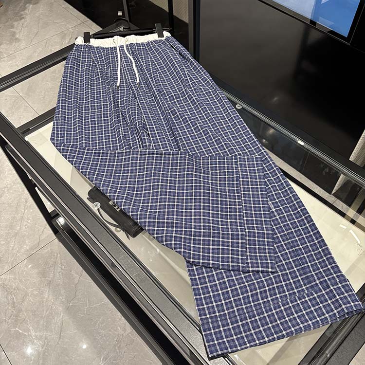 25年夏季蓝色抽绳松紧腰复古阔腿宽松慵懒风女士格纹裤-YS11255