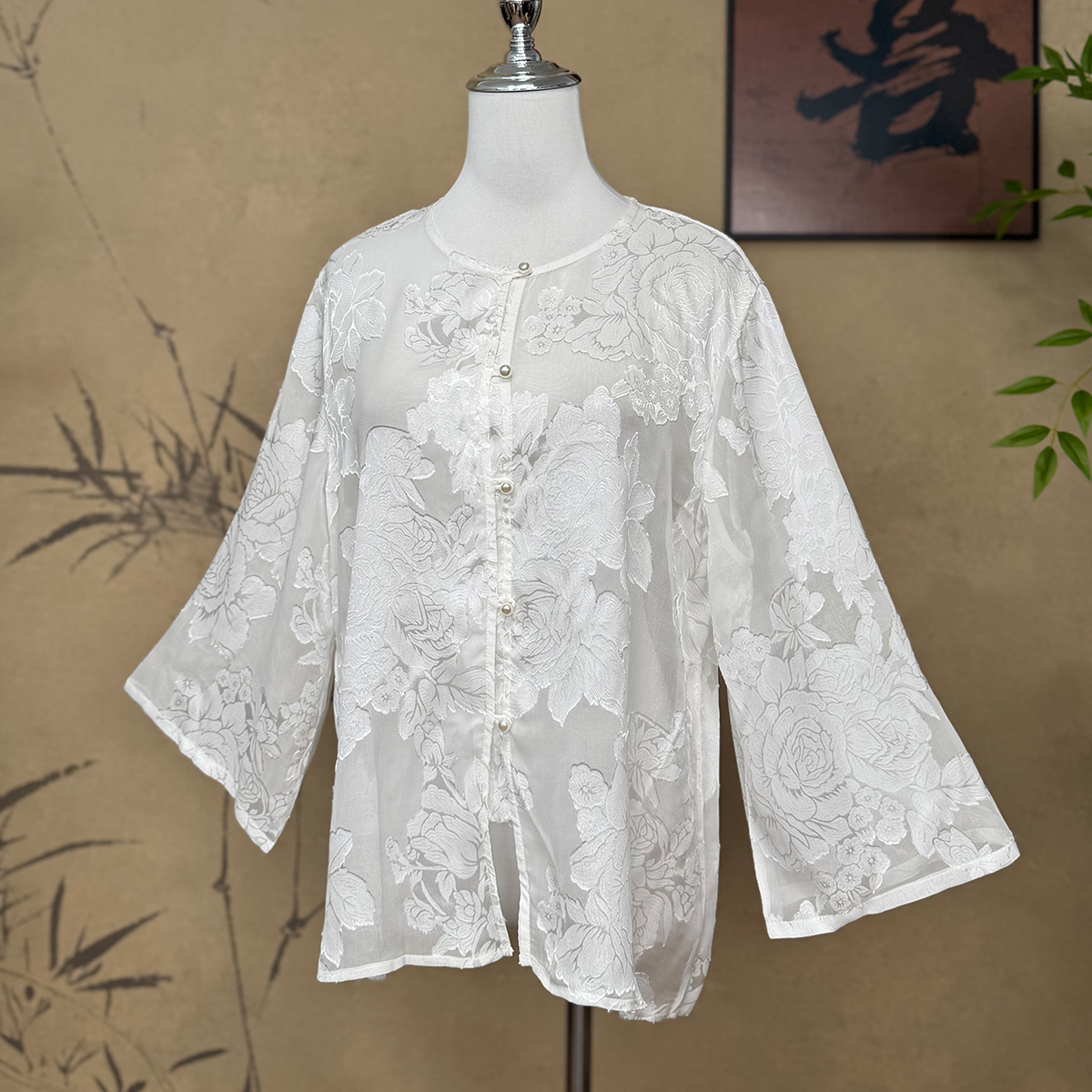 【卷卷新中式】“白牡丹”剪花梢 真丝桑蚕丝防晒外套