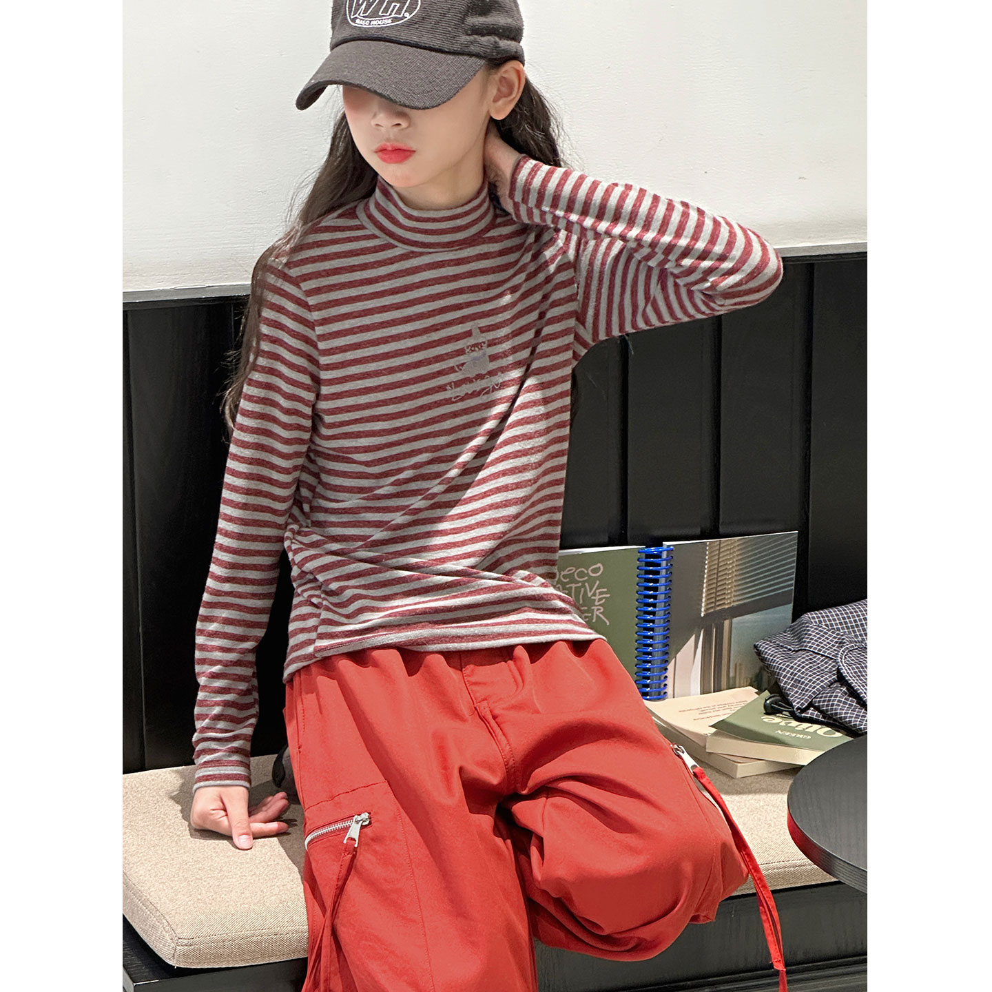 K30071孙小美做旧女童打底衫2025新款秋冬磨毛加厚儿童条纹上衣T