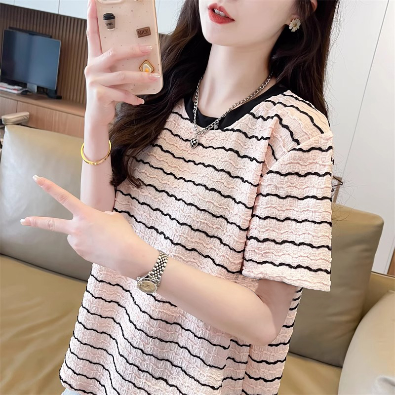 法式高级感小众条纹短袖t恤女2025新款夏季宽松显瘦提花棉质上衣