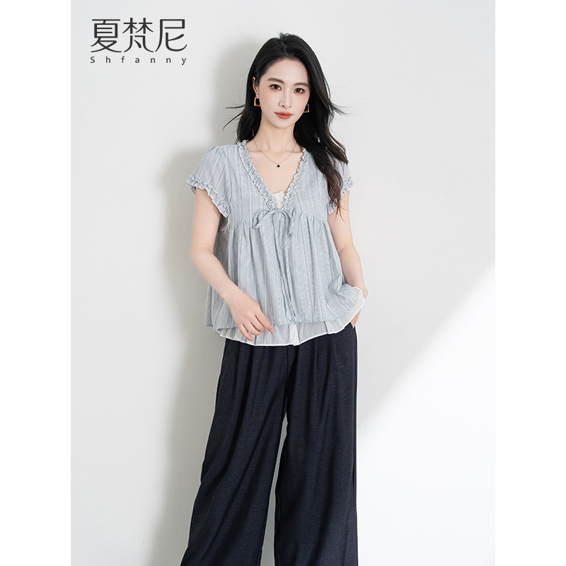 夏梵尼蔚蓝海岸2025年夏新款气质宽松条纹上衣阔腿裤套装