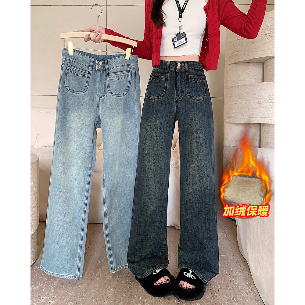 长大码女2025冬季高腰加绒保暖牛仔裤显瘦直筒阔腿裤65006+65552