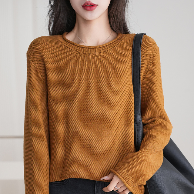 不起球棉圆领打底衫女内搭宽松毛衣针织衫秋冬新款棉麻上衣