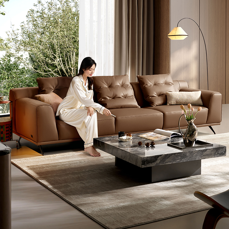 顾家家居意式轻奢头层黄牛皮全皮大坐深皮艺沙发8808
