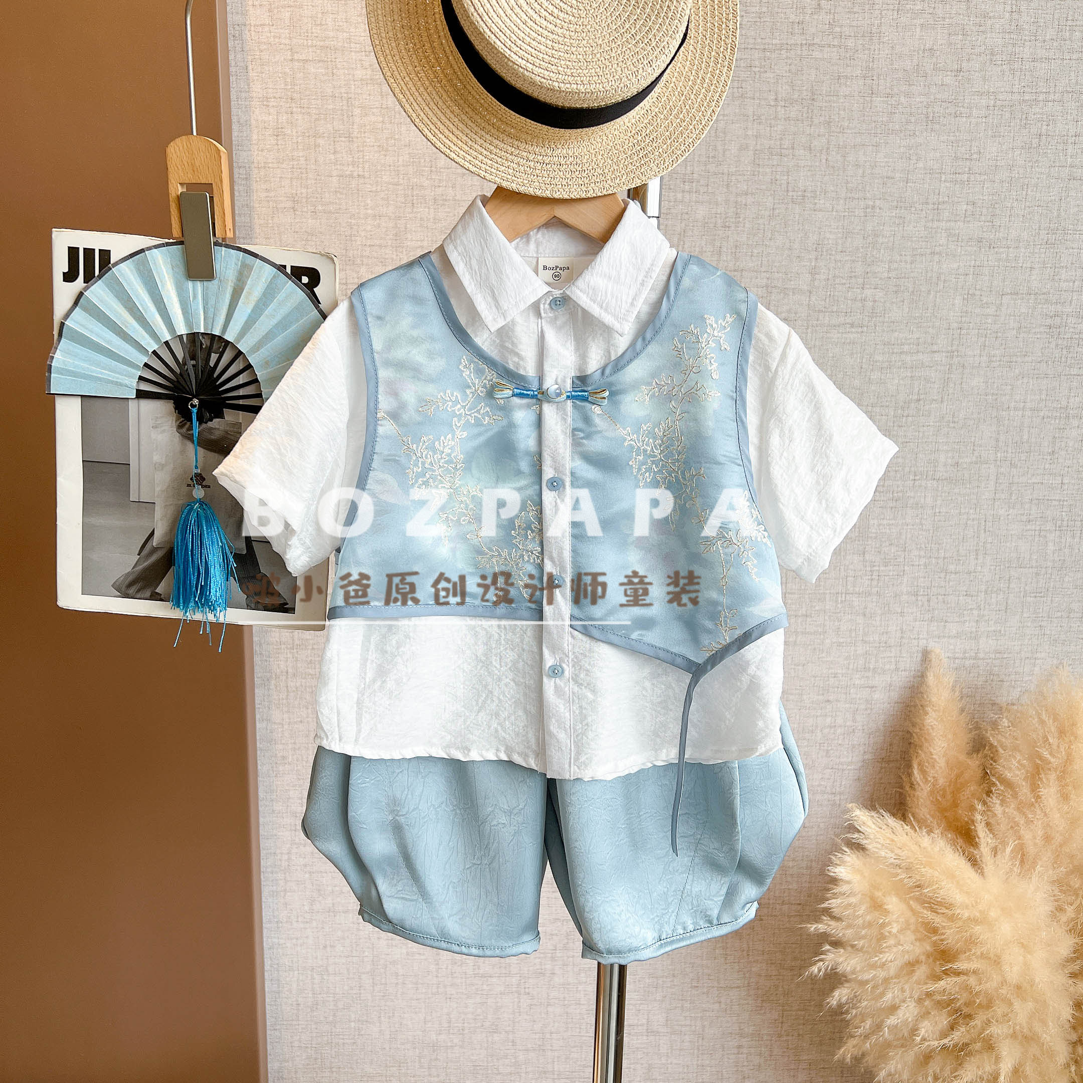 现货啵小爸【青纱绣梦】2025夏季男童新中式纱布拼接假两件衬衫套装