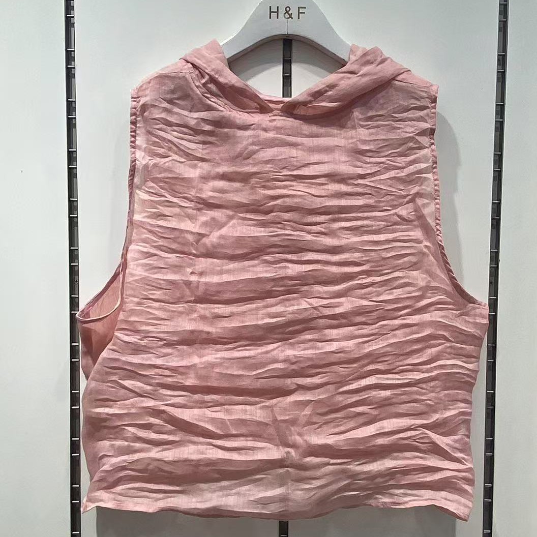 2025夏装新款女装苎麻100织纯色品质大码宽松无袖连帽马甲套头衫