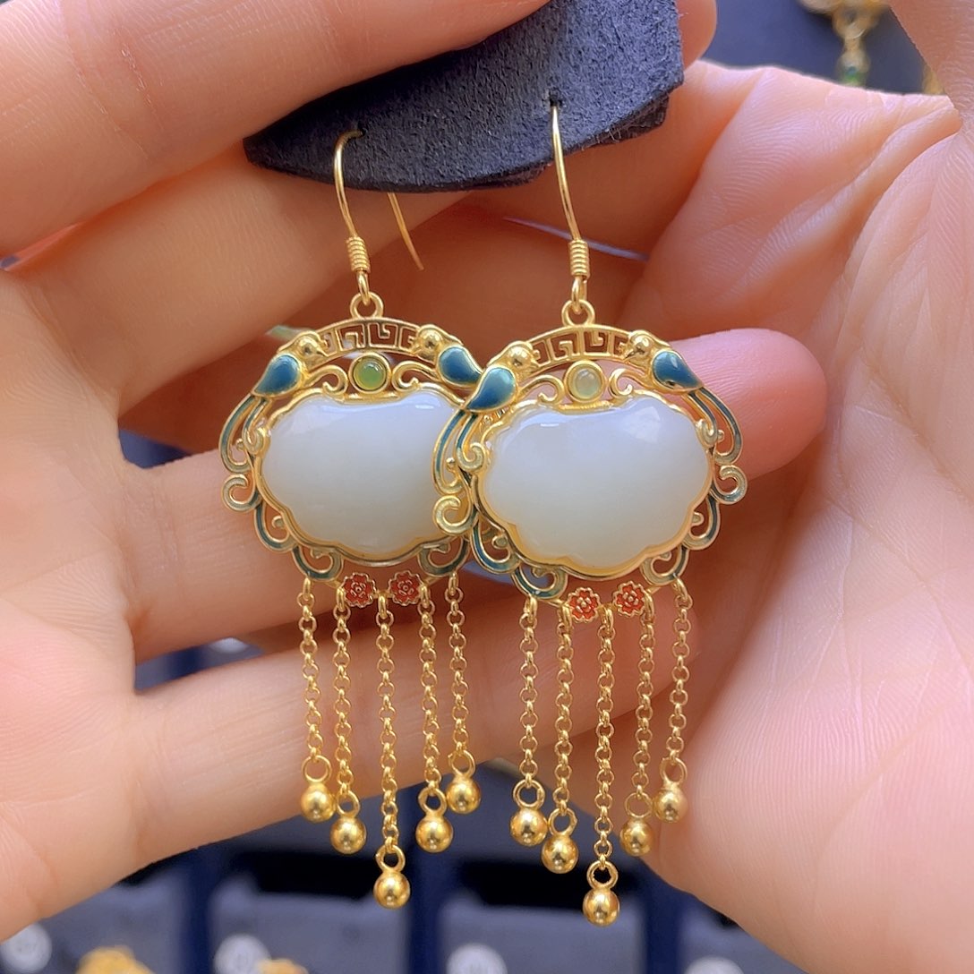 和田玉耳饰银S925镀金镶嵌