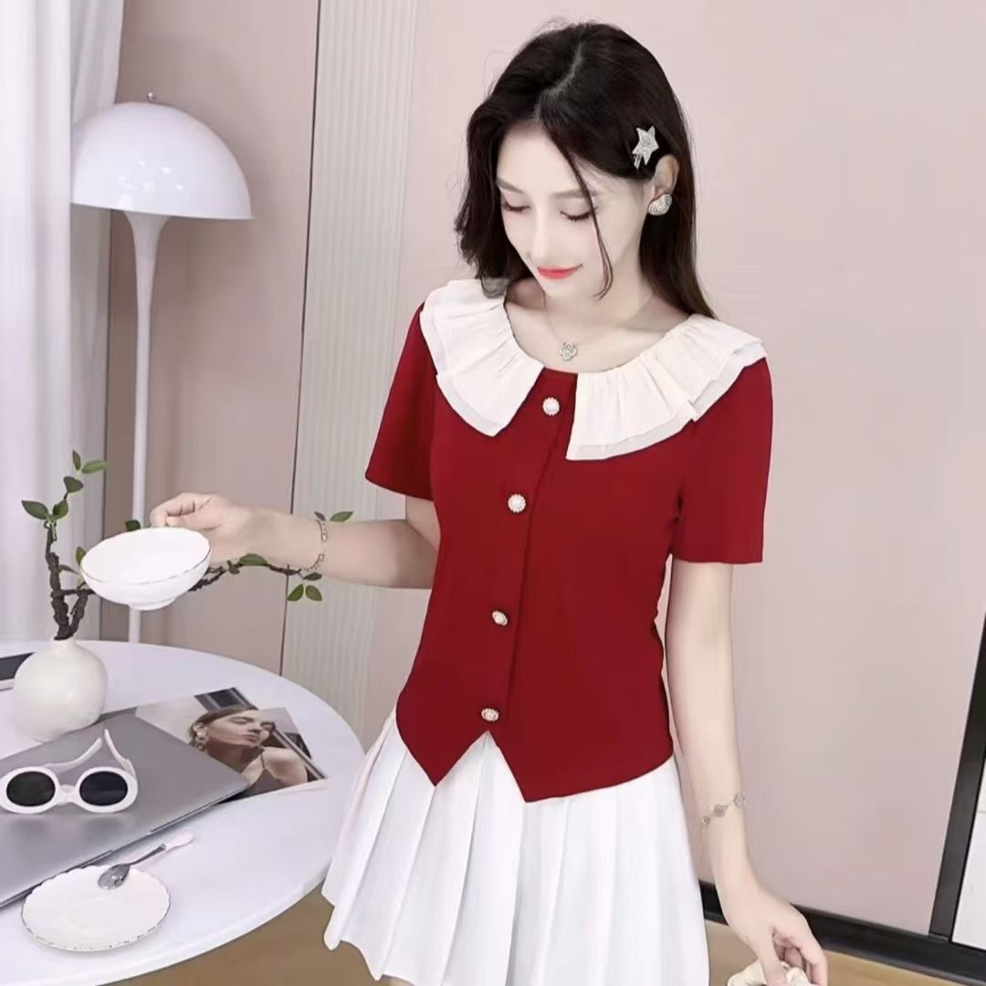 9090#港风拼接双层娃娃领短袖夏季新款时尚显瘦精美小衫