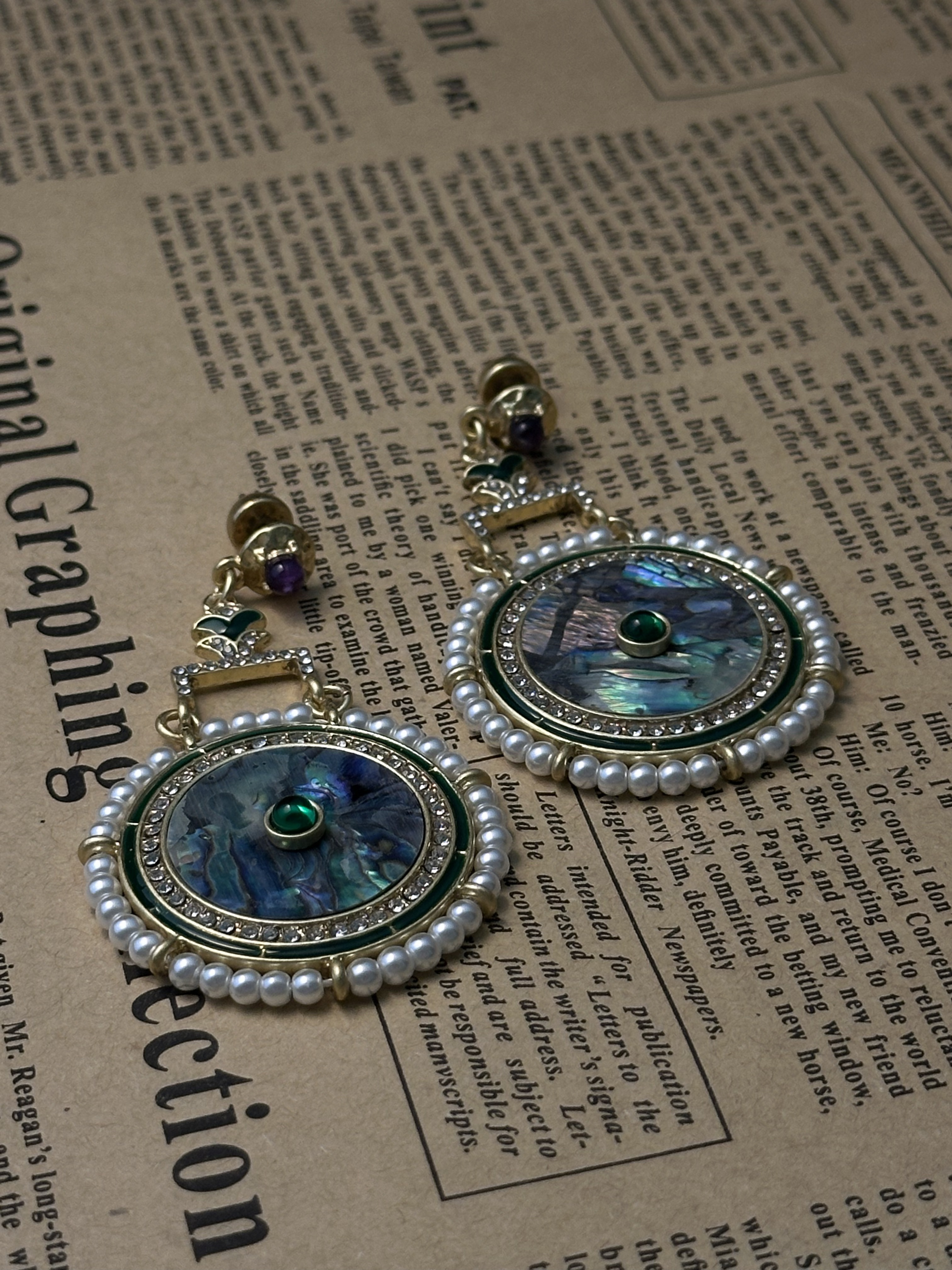 铜合金琉璃耳饰 中古镀金仿鲍鱼贝圆形耳饰 E0010