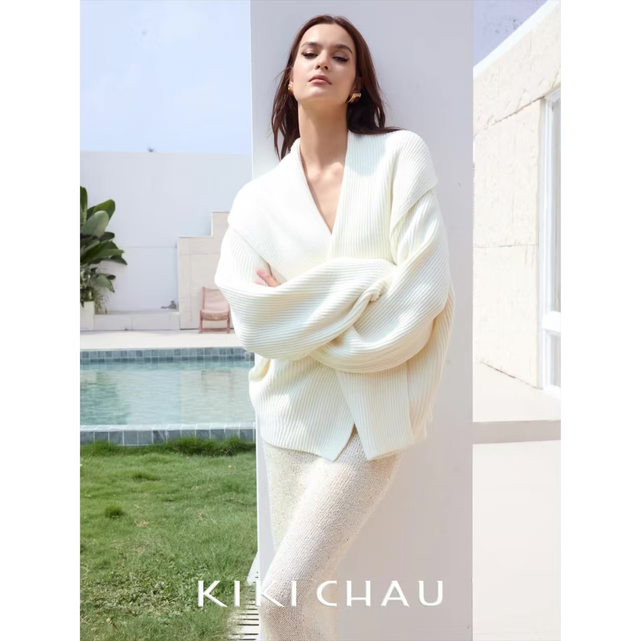 KIKI CHAU’BELINA' 竖纹毛翻领开衫 秋冬慵懒风宽松百搭羊毛外套