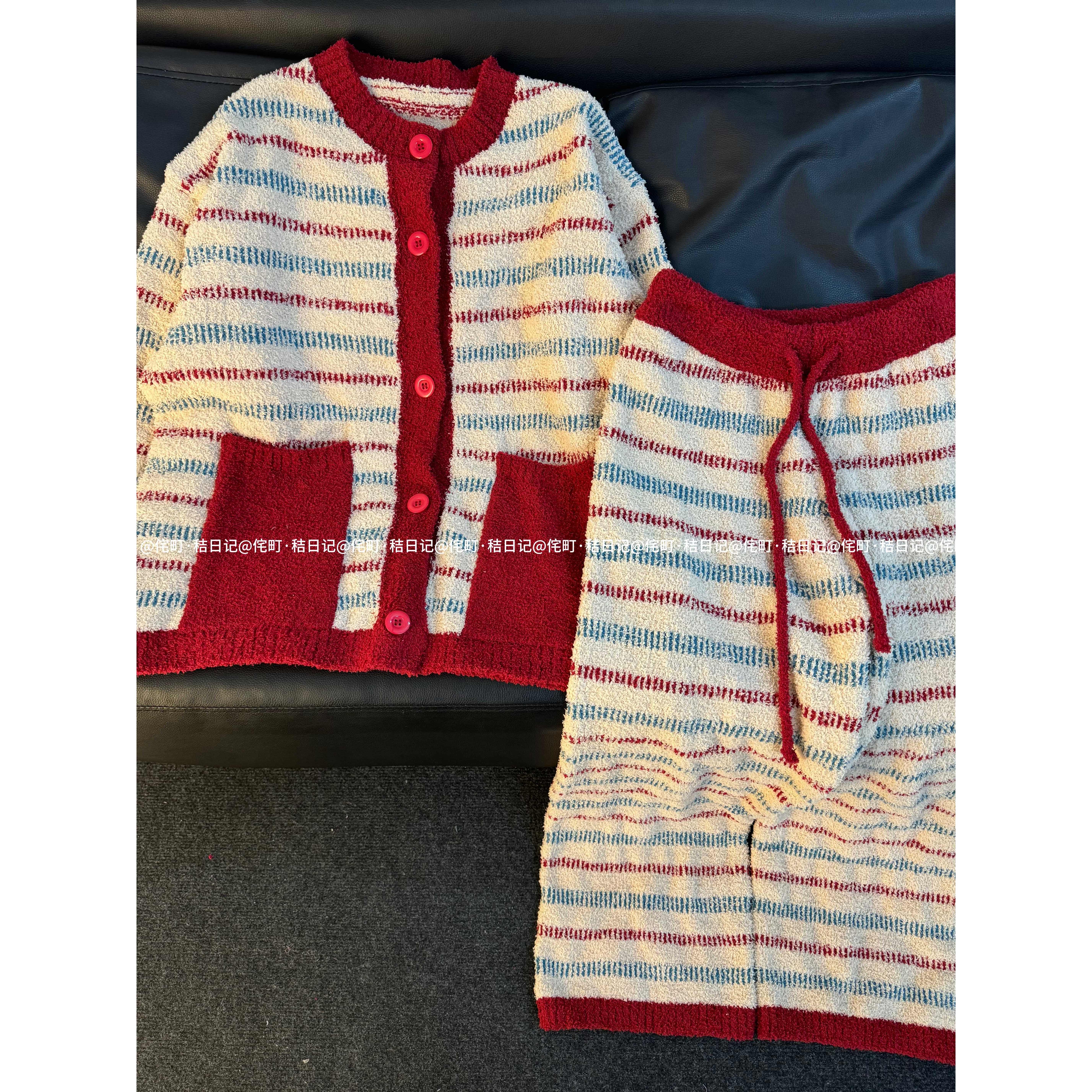 侘町·秸日记新年红条纹半边绒睡衣韩风宽松家居服秋冬厚款可外穿