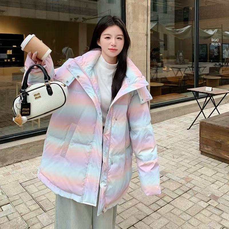 多色短款彩虹韩版潮流连帽免洗御姐风纯色渐变色女鹅绒服羽绒服