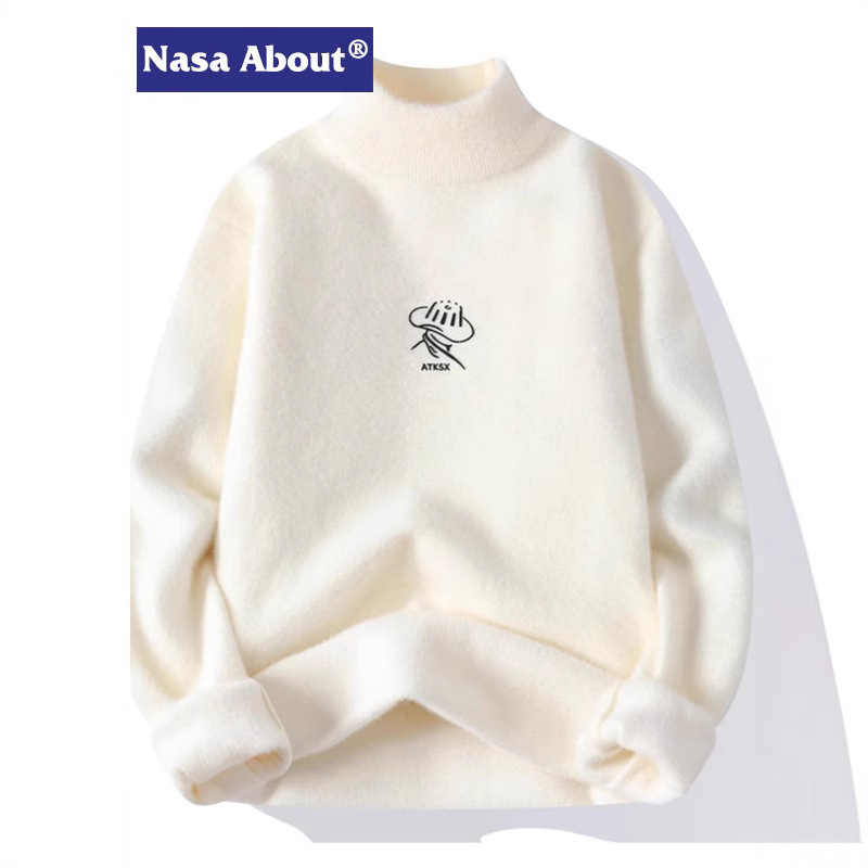 NASA潮流半高领毛衣男秋冬季加绒加厚保暖宽松休闲套头打底针织衫