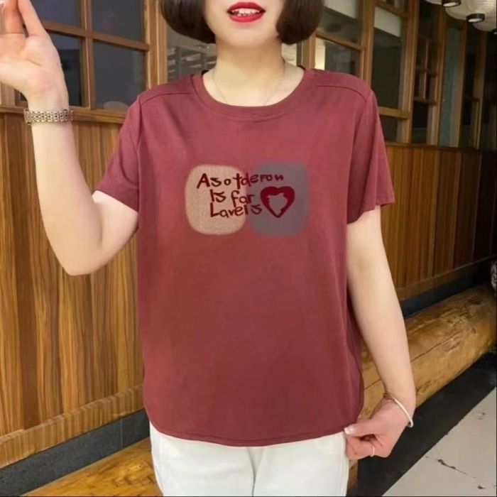 206红色夏季短袖妈妈装大码显瘦遮肉减龄休闲百搭纯色圆领T恤女