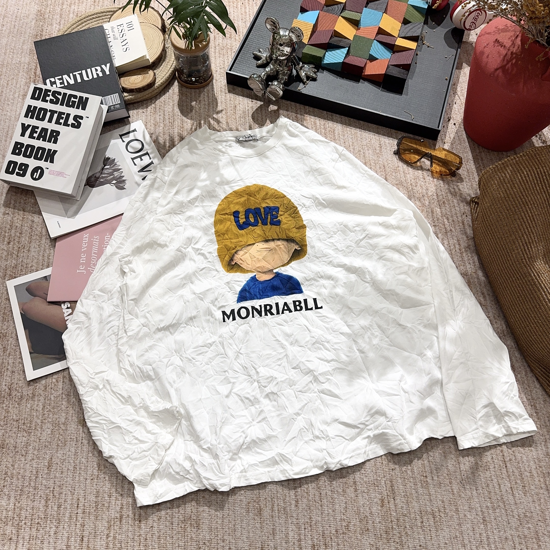 2025秋冬新款时尚休闲设计款褶皱卡通印花长袖T恤5220