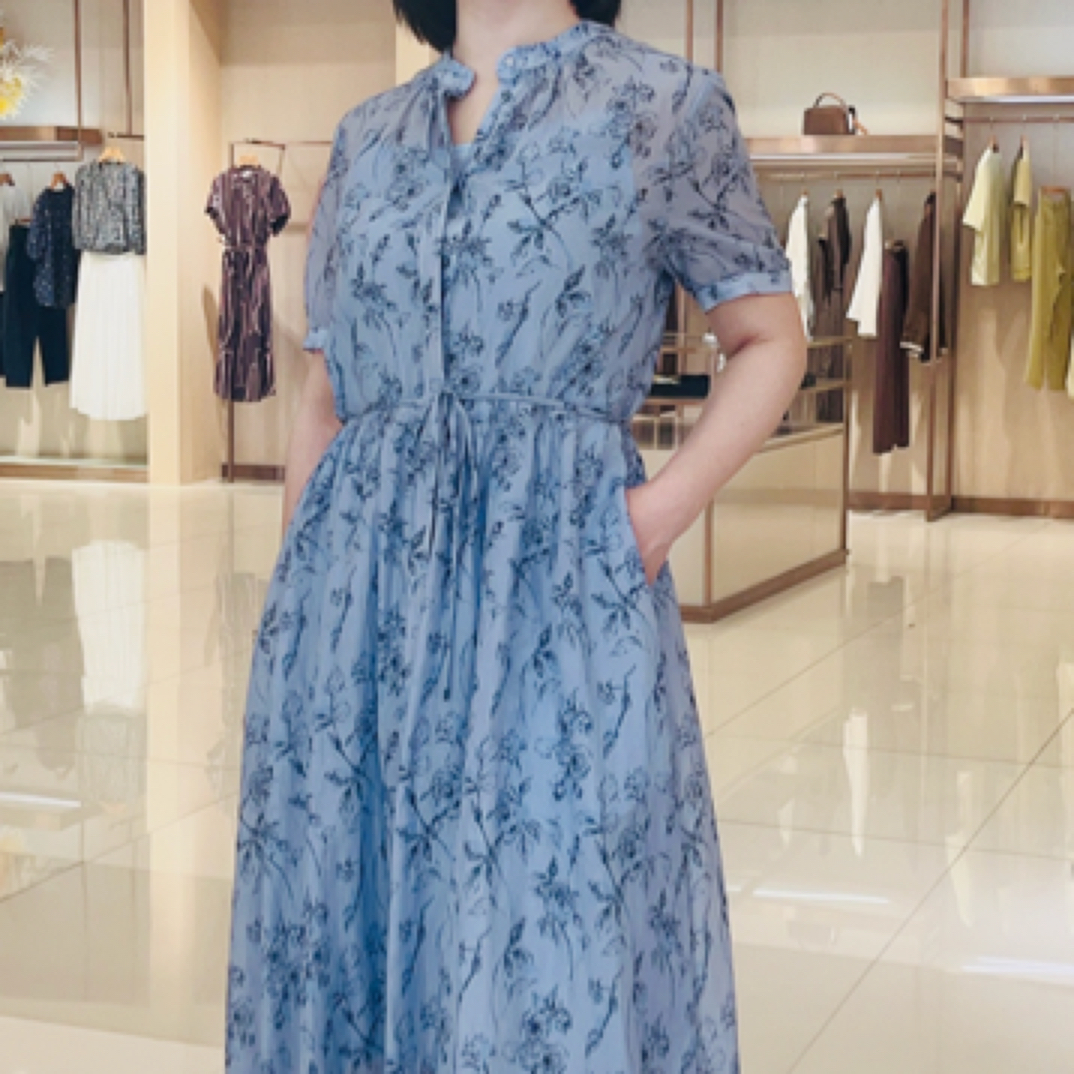系带高腰夏季印花碎花常规连衣裙收腰气质蓝色休闲法式长裙