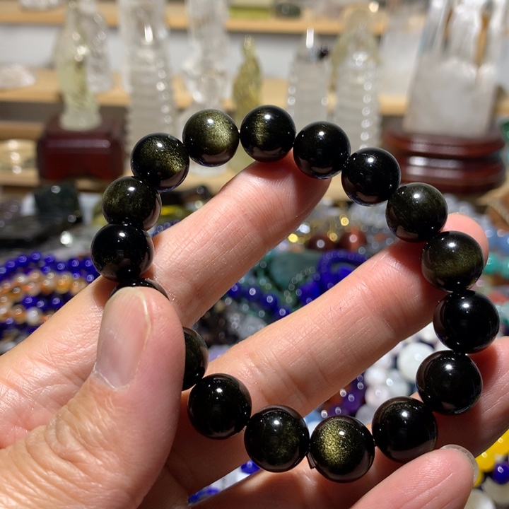 黑曜岩未镶嵌手链12mm金耀石手串