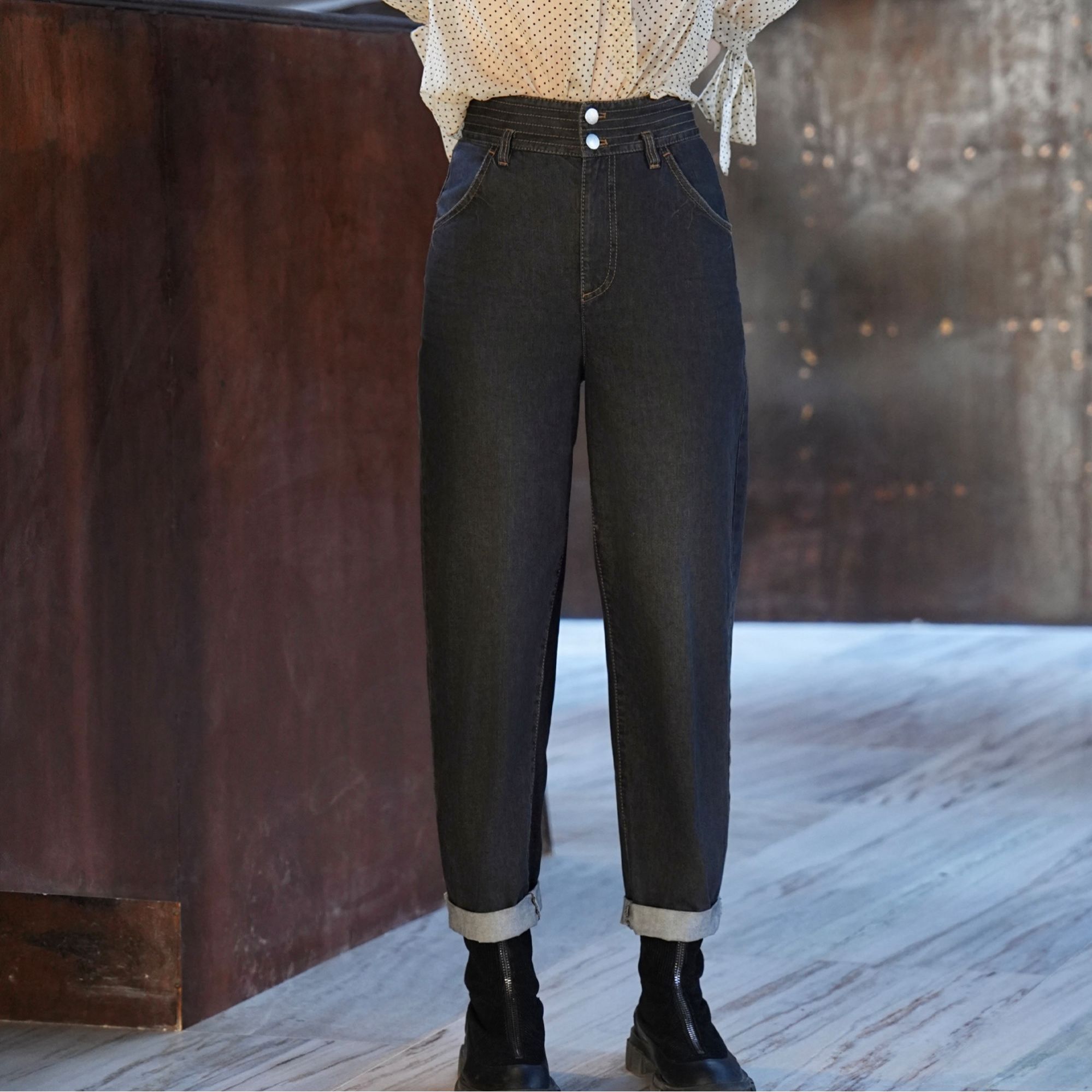 AMASS/阿玛施【黑茶灰】加绒高腰时尚百搭睫毛边哈伦牛仔裤5100324