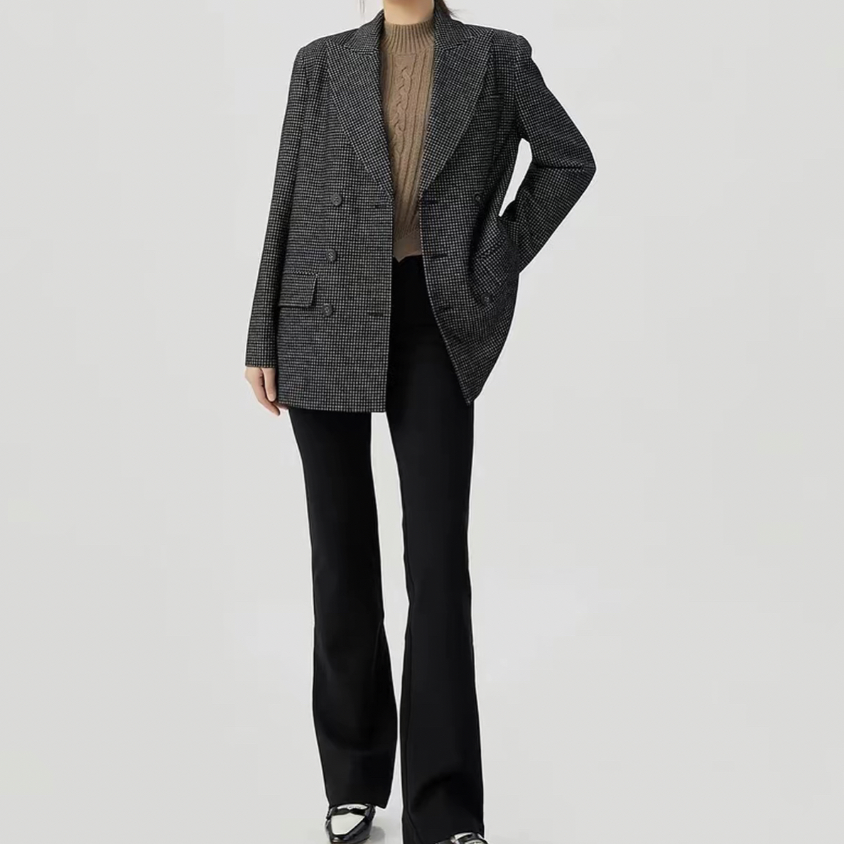 AMASS/阿玛施气质格纹千鸟格双排扣毛呢中长款西装外套5400868 